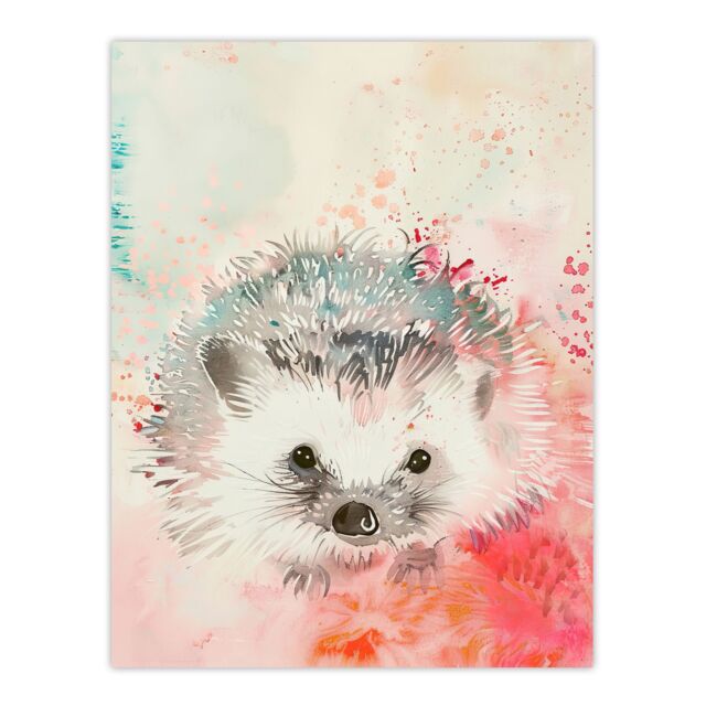 "Artery8 Adorable Watercolour Hedgehog Modern Light Pink Wall Art Print - Size: W24"" x H32""" - image 1