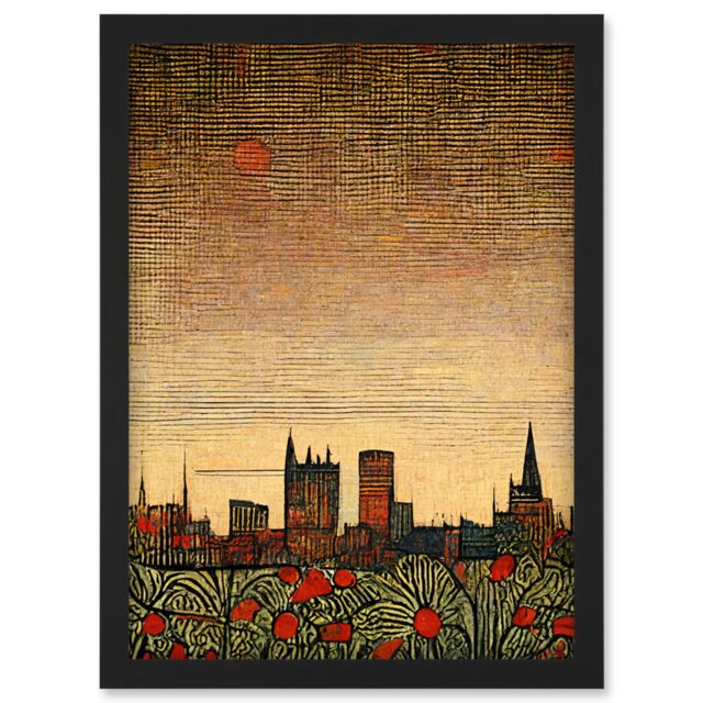 Artery8 Floral City Skyline Poppies William Morris Artwork Framed Wall Art Print A4 in Black - image 1