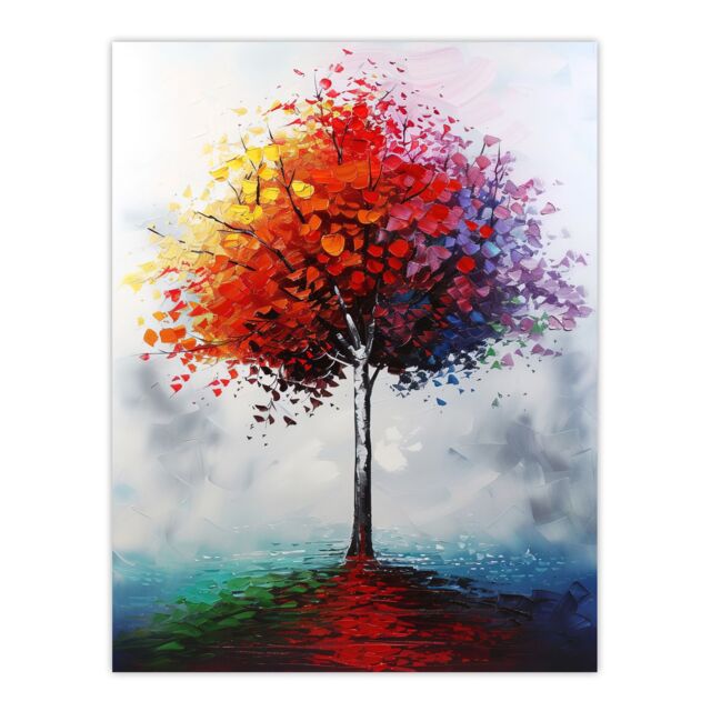 "Artery8 Lone Rainbow Tree Painting Autumnal Colourful Wall Art Print in Red - Size: W12"" x H16""" - image 1