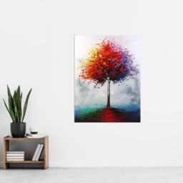 "Artery8 Lone Rainbow Tree Painting Autumnal Colourful Wall Art Print in Red - Size: W12"" x H16""" - thumbnail 4