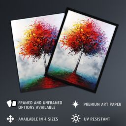 "Artery8 Lone Rainbow Tree Painting Autumnal Colourful Wall Art Print in Red - Size: W12"" x H16""" - thumbnail 2