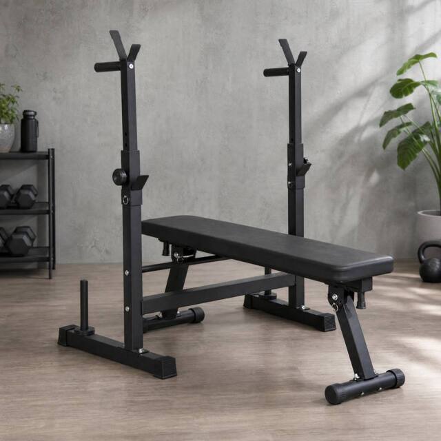 STILVORA Foldable Weight Bench with Adjustable Barbell Rack in Black - image 1