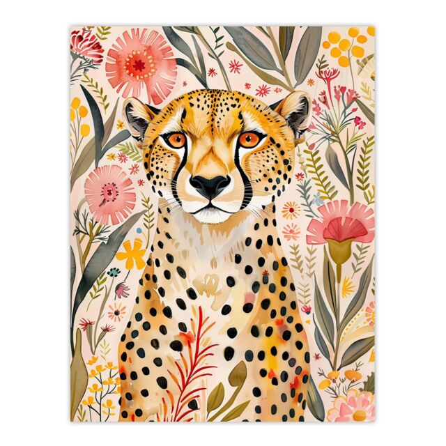 "Artery8 Cheetah in Exotic Flower Garden Watercolour Wall Art Print - Size: W12"" x H16""" - image 1