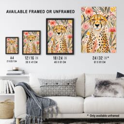 "Artery8 Cheetah in Exotic Flower Garden Watercolour Wall Art Print - Size: W12"" x H16""" - thumbnail 3