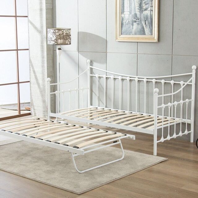 KOSY KOALA Daybed 3ft Single Glossy White Metal Framed Versailles Guest Sofa Bed, Trundle Not Included in Off-White - image 1