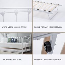 KOSY KOALA Daybed 3ft Single Glossy White Metal Framed Versailles Guest Sofa Bed, Trundle Not Included in Off-White - thumbnail 3