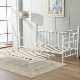 KOSY KOALA Daybed 3ft Single Glossy White Metal Framed Versailles Guest Sofa Bed, Trundle Not Included in Off-White