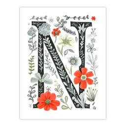 "Artery8 Women's Wall Art Print Letter N in Poppies Wildflowers Pen Drawing Floral Word Art For Her Poster - Size: W12"" x H16""" - thumbnail 1