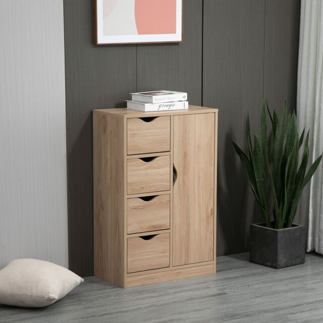 HOMCOM Bathroom Floor Cabinet Freestanding Storage Unit with 4 Drawers for Living Room in Light Brown