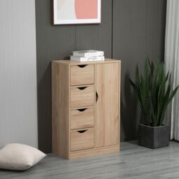 HOMCOM Bathroom Floor Cabinet Freestanding Storage Unit with 4 Drawers for Living Room in Light Brown - thumbnail 1