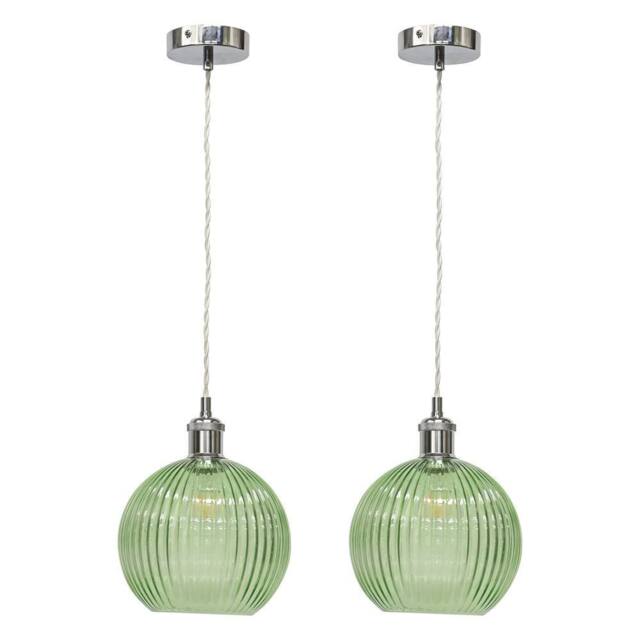 First Choice Lighting Set of 2 Betchley - Green Ribbed Glass Chrome Retro Pendant Fittings - image 1