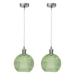 First Choice Lighting Set of 2 Betchley - Green Ribbed Glass Chrome Retro Pendant Fittings