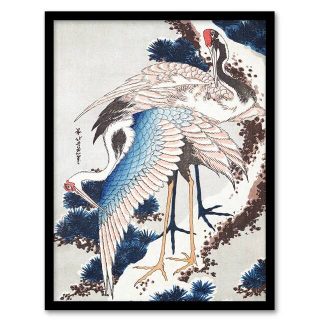 "Artery8 Cranes On A Snowy Tree Vintage Japan Framed Wall Art Print Hokusai in Blue - Size: W12"" x H16""" - image 1