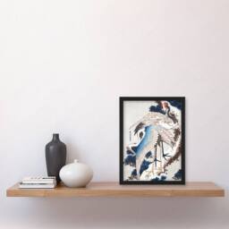 "Artery8 Cranes On A Snowy Tree Vintage Japan Framed Wall Art Print Hokusai in Blue - Size: W12"" x H16""" - thumbnail 4