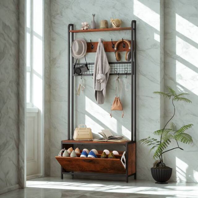 FURNOS Industrial Entryway Hall Tree Coat Rack Stand in Brown - image 1