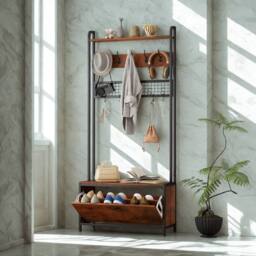 FURNOS Industrial Entryway Hall Tree Coat Rack Stand in Brown - thumbnail 1