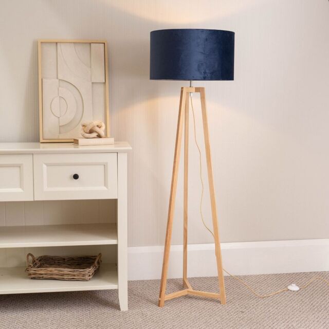 ValueLights Lottie Natural Wood Tripod Floor Lamp with Velvet Drum Shade & LED Bulb in Blue - image 1