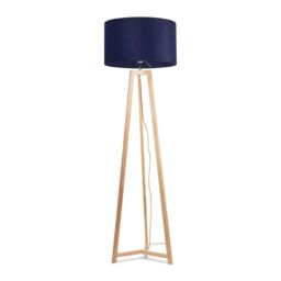ValueLights Lottie Natural Wood Tripod Floor Lamp with Velvet Drum Shade & LED Bulb in Blue - thumbnail 2