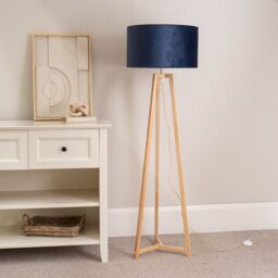 ValueLights Lottie Natural Wood Tripod Floor Lamp with Velvet Drum Shade & LED Bulb in Blue - thumbnail 3