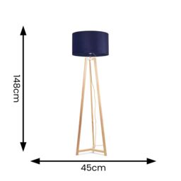 ValueLights Lottie Natural Wood Tripod Floor Lamp with Velvet Drum Shade & LED Bulb in Blue - thumbnail 4