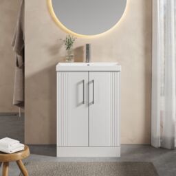 Balterley Floor Standing 2 Door Vanity Unit - Thin-Edge Basin 600mm, Satin White - thumbnail 2