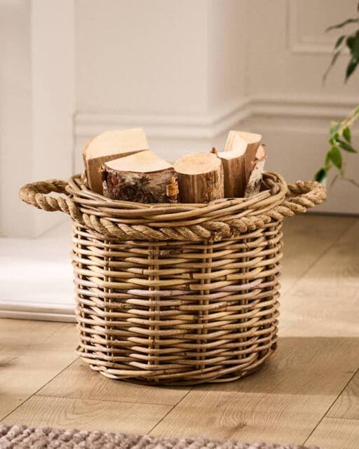 Dibor Traditional Round Small Wicker Log Basket with Rope Handles H25 x L31 x W31cm in Natural - image 1