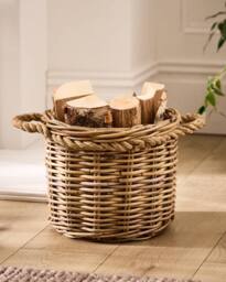 Dibor Traditional Round Small Wicker Log Basket with Rope Handles H25 x L31 x W31cm in Natural - thumbnail 1
