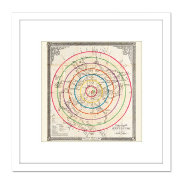 Artery8 Osborn 1849 Map Jerusalem Seven Miles Around 8X8 Inch Square Wooden Framed Wall Art Print Picture with Mount in White - image 1