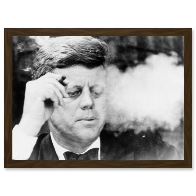 Artery8 Photo JFK John F Kennedy Smoking Cigar US President Picture A4 Artwork Framed Wall Art Print in Brown - image 1