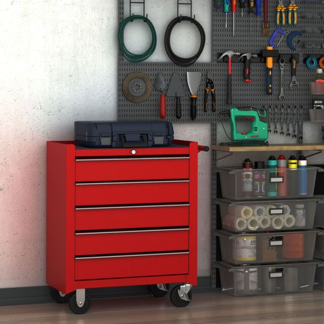 HOMCOM Tool Trolley with 5 Drawers Steel Tool Chest on Wheels with Handle Red - image 1