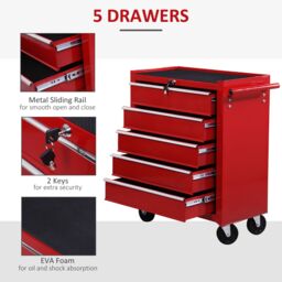 HOMCOM Tool Trolley with 5 Drawers Steel Tool Chest on Wheels with Handle Red - thumbnail 4