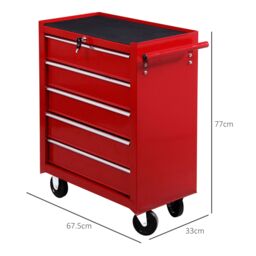 HOMCOM Tool Trolley with 5 Drawers Steel Tool Chest on Wheels with Handle Red - thumbnail 3