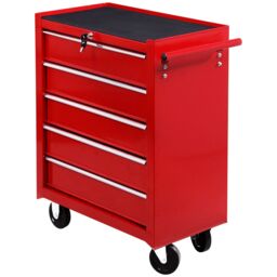 HOMCOM Tool Trolley with 5 Drawers Steel Tool Chest on Wheels with Handle Red - thumbnail 2
