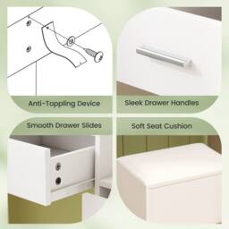 Costway Modern Vanity Desk w/5 Drawers &Stool Makeup Table Set w/Power Outlets in White - thumbnail 7