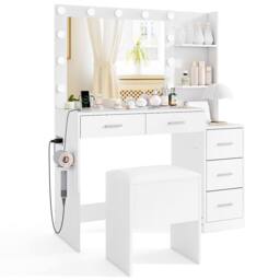 Costway Modern Vanity Desk w/5 Drawers &Stool Makeup Table Set w/Power Outlets in White - thumbnail 1