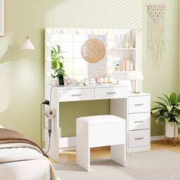 Costway Modern Vanity Desk w/5 Drawers &Stool Makeup Table Set w/Power Outlets in White - thumbnail 3