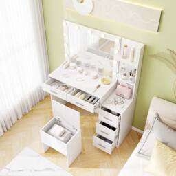 Costway Modern Vanity Desk w/5 Drawers &Stool Makeup Table Set w/Power Outlets in White - thumbnail 8