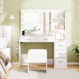 Costway Modern Vanity Desk w/5 Drawers &Stool Makeup Table Set w/Power Outlets in White - thumbnail 9