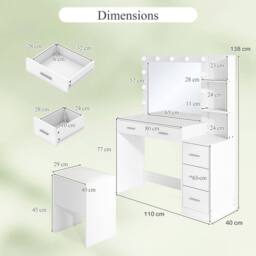 Costway Modern Vanity Desk w/5 Drawers &Stool Makeup Table Set w/Power Outlets in White - thumbnail 2