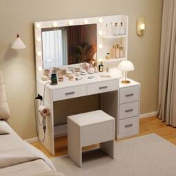 Costway Modern Vanity Desk w/5 Drawers &Stool Makeup Table Set w/Power Outlets in White - thumbnail 4