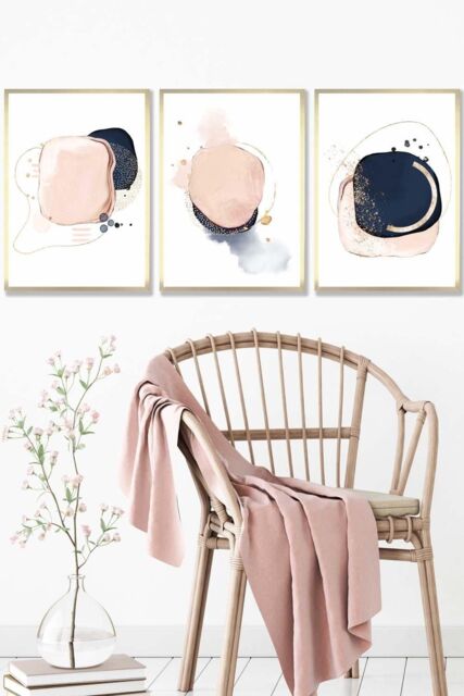 ARTZE Framed Abstract Navy Blue & Blush Pink Framed Wall Art - Medium in Metallic Gold - Size: W45 cm x H62 cm x D20mm - image 1