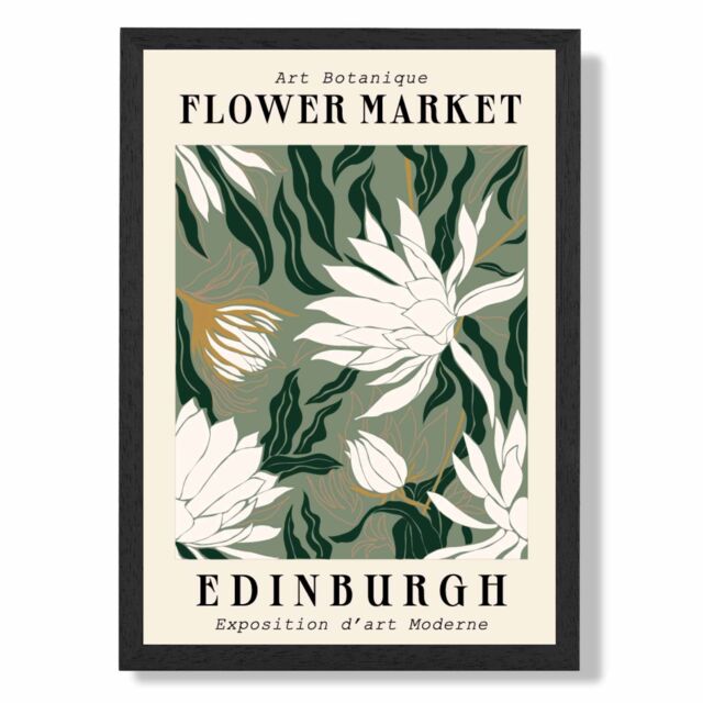 ARTZE Edinburgh Green & White Flower Market Exhibition Framed Print SIZE: A4 with Black Frame in Beige - image 1