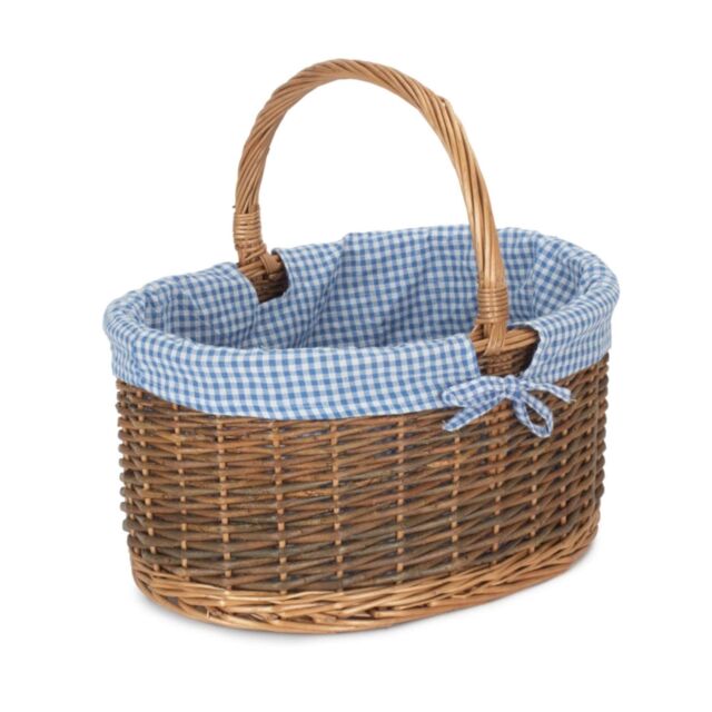 Red Hamper Wicker Large Blue Checked Lined Country Oval Shopping Basket in Brown - image 1