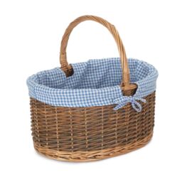 Red Hamper Wicker Large Blue Checked Lined Country Oval Shopping Basket in Brown
