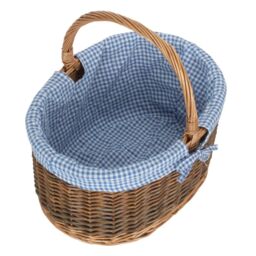 Red Hamper Wicker Large Blue Checked Lined Country Oval Shopping Basket in Brown - thumbnail 2