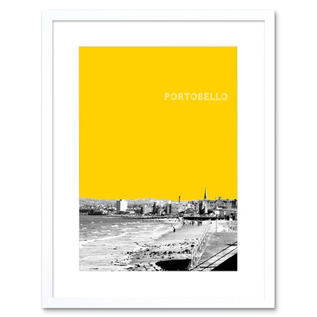 "Artery8 Wall Art Print Portobello Edinburgh Scotland Scottish Landmark Yellow Framed Art in White - Size: W7"" x H9""" - image 1