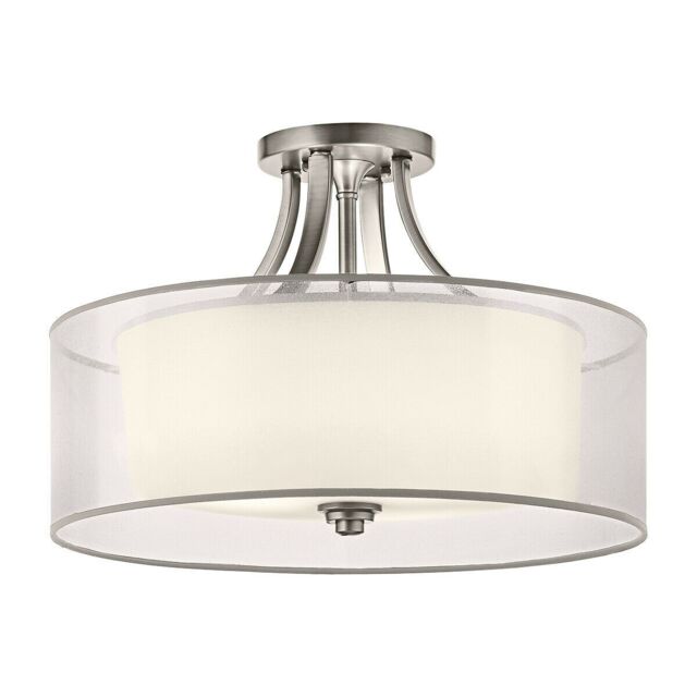 Loops 4 Bulb Semi Flush Light WHITE ORGANAZA Shade Antique Pewter LED E27 60W Bulb