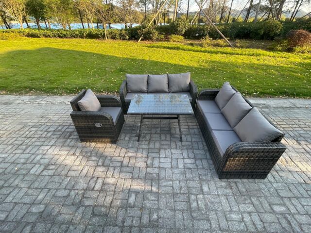 Fimous Outdoor Lounge Sofa Set Wicker PE Rattan Garden Furniture Set with Rectangular Dining Table Reclining Chair Dark Grey Mixed - image 1