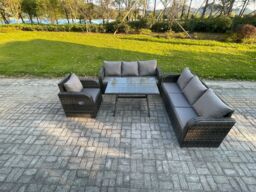 Fimous Outdoor Lounge Sofa Set Wicker PE Rattan Garden Furniture Set with Rectangular Dining Table Reclining Chair Dark Grey Mixed - thumbnail 1