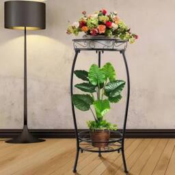 KORVIXA 2 Tier Metal Plant Stand Living Room in Black - Size: 100 cm